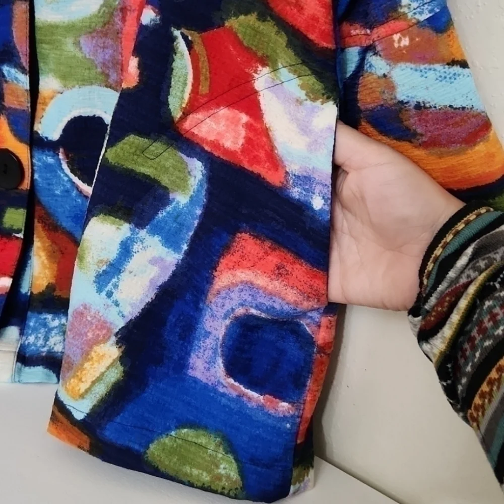 Ali Miles Colorful Abstract Patterned Coat Bell Sleeve Career Artsy Contemporary